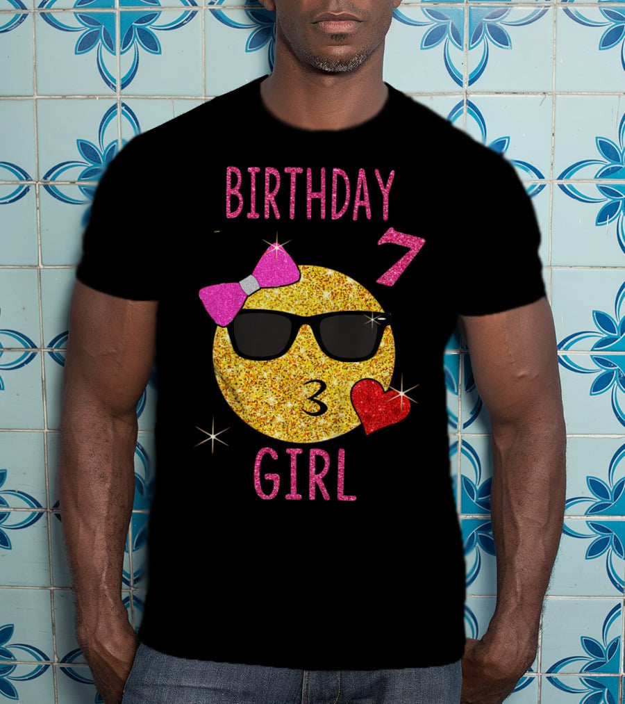 Birthday 7 Girl 7 Years Old Emoji Wearing Sunglasses Bow Heart T-Shirt