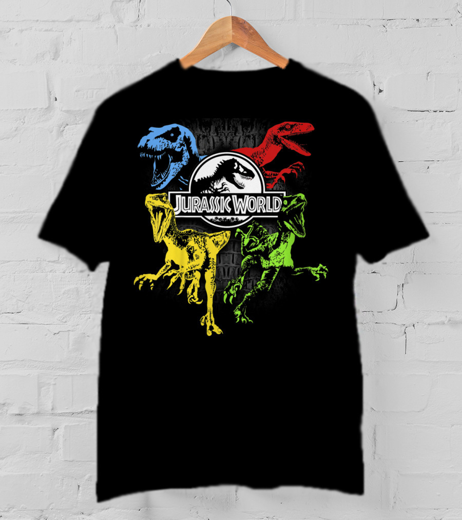 Jurassic World Raptors In Primary Colors Red Blue Yellow Green T-Shirt