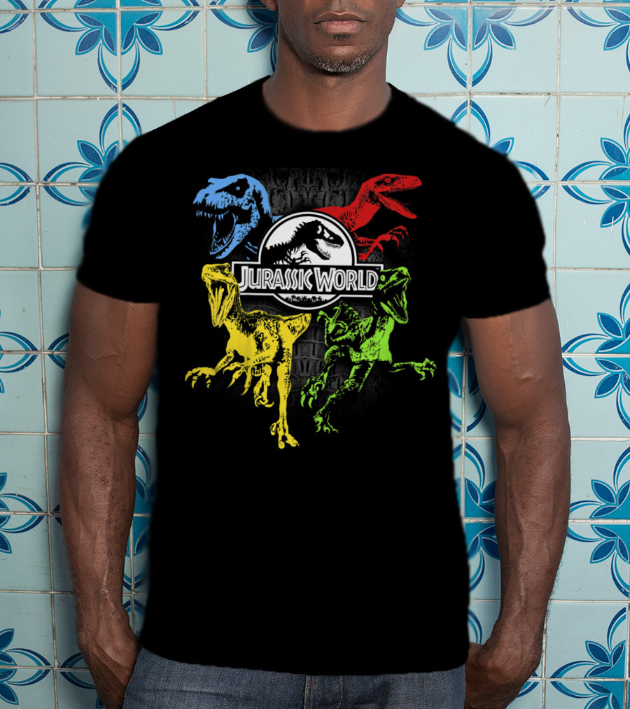Jurassic World Raptors In Primary Colors Red Blue Yellow Green T-Shirt