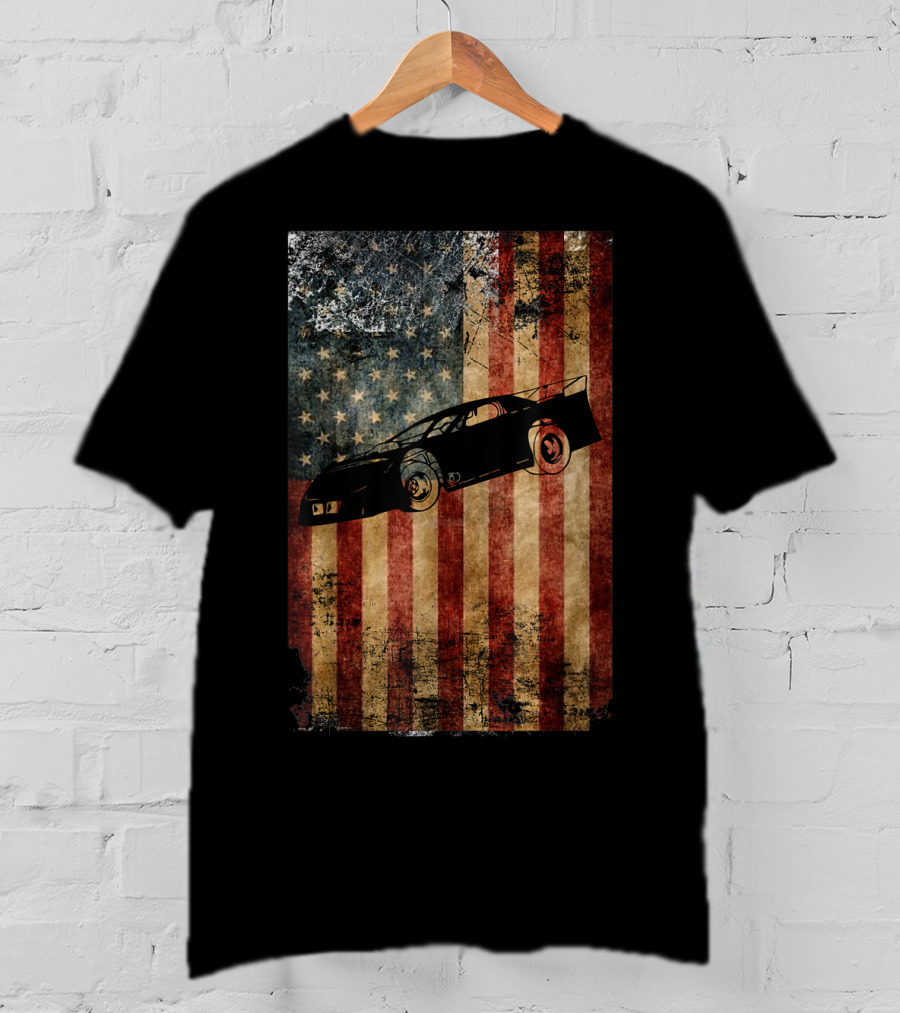 Late Model Dirt Track Racing Distressed American Flag Car T-Shirt