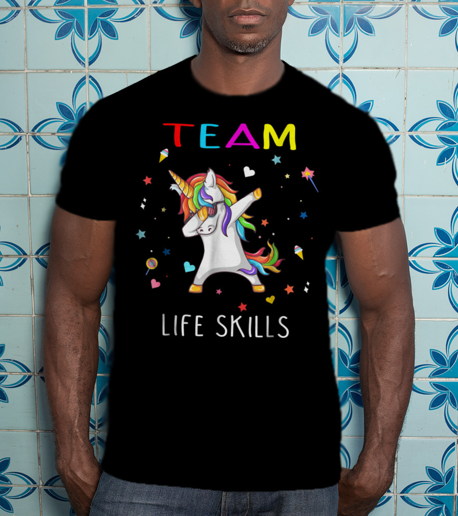 TEAM LIFE SKILLS Unicorn Dabbing Stars And Hearts T-Shirt