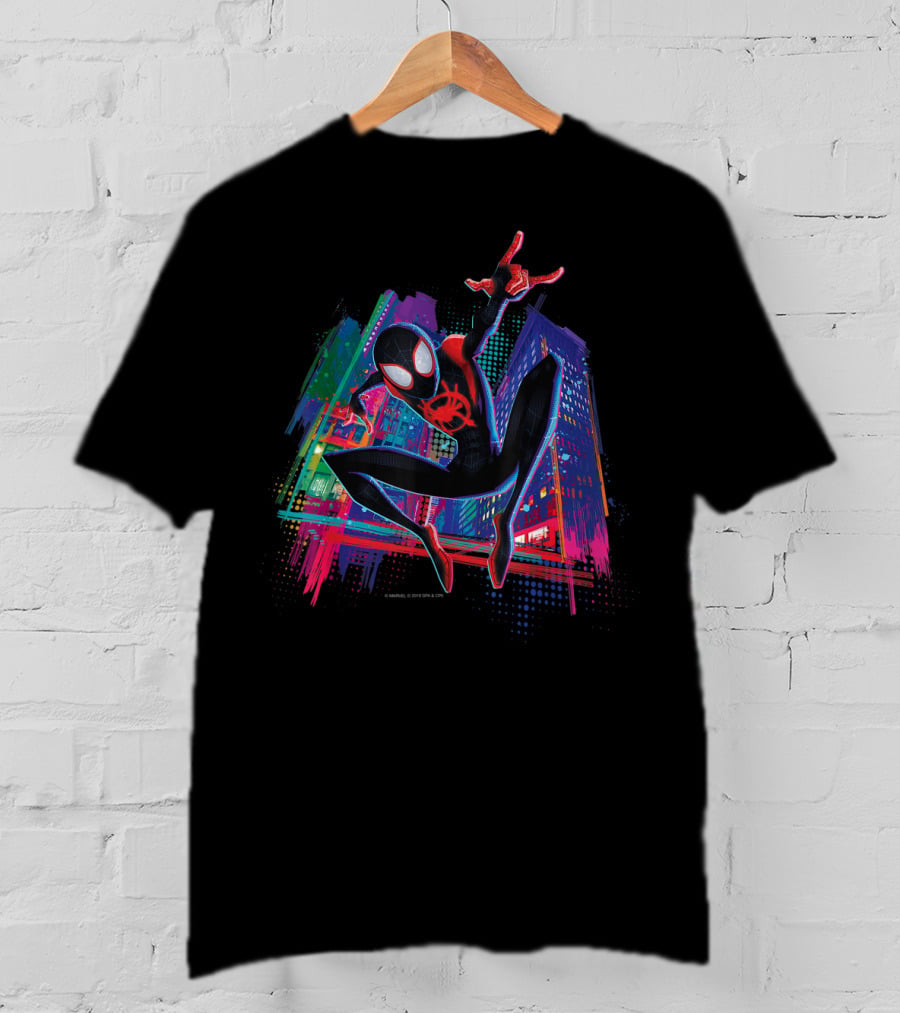 Marvel Spider-Man Miles Morales Vibrant Graffiti Cityscape Adventure T-Shirt
