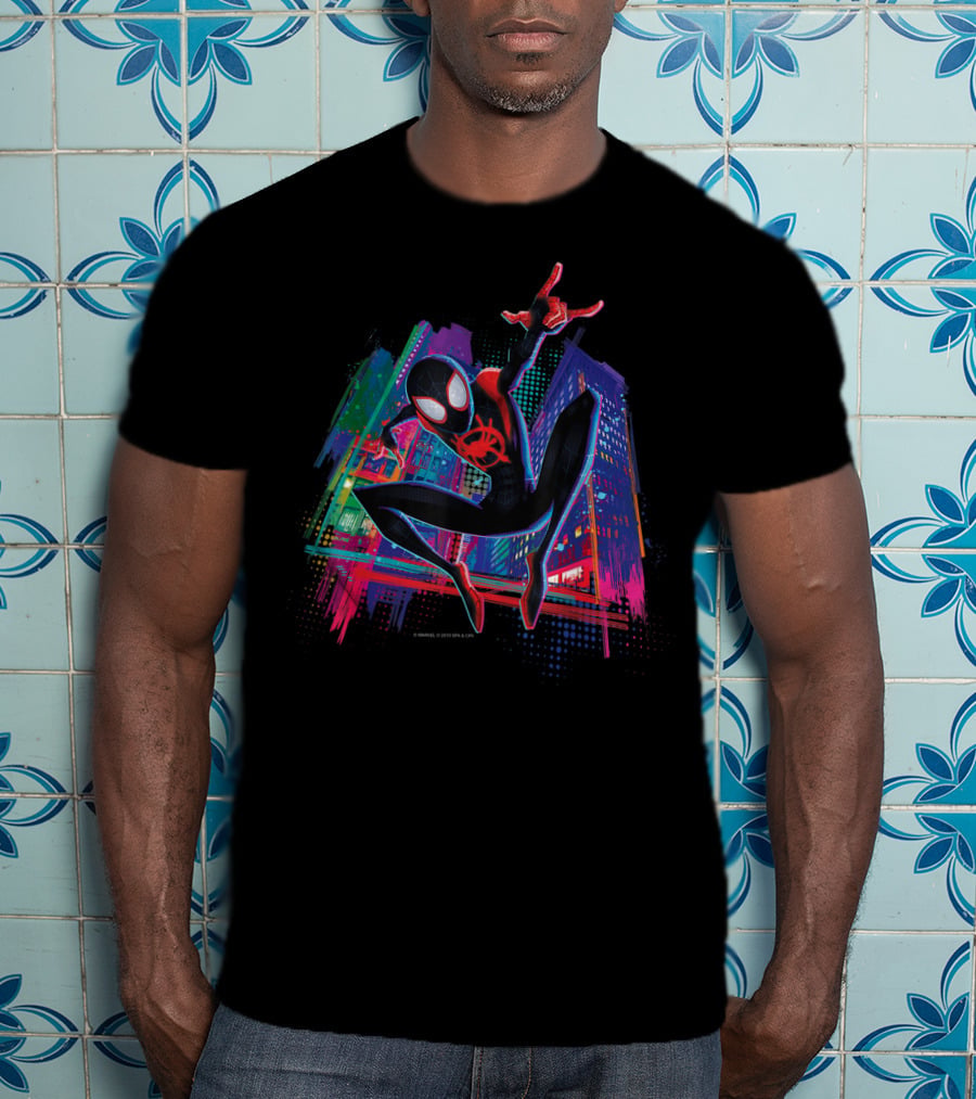 Marvel Spider-Man Miles Morales Vibrant Graffiti Cityscape Adventure T-Shirt