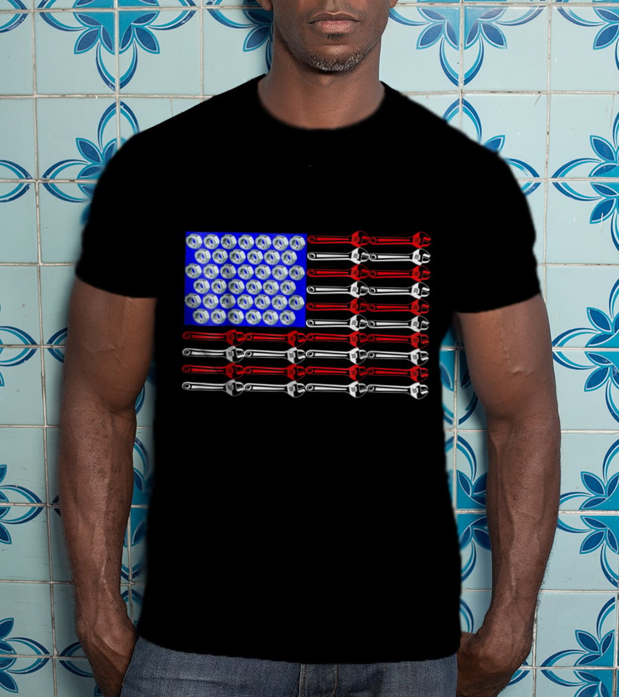 Mechanic Proud American Patriotic USA Flag With Wrenches And Nuts T-Shirt
