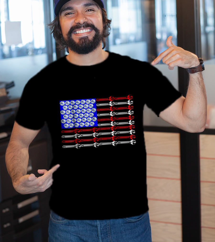 Mechanic Proud American Patriotic USA Flag With Wrenches And Nuts T-Shirt