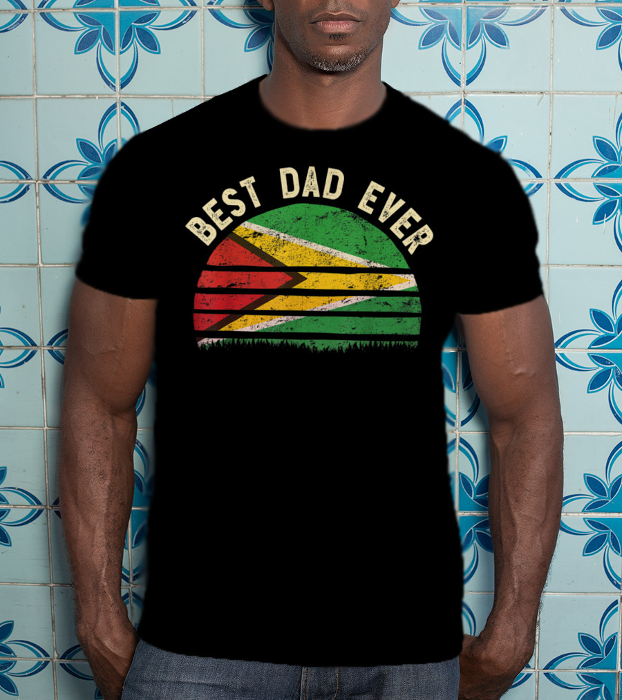 Best Dad Ever Guyana Vintage Flag Round T-Shirt