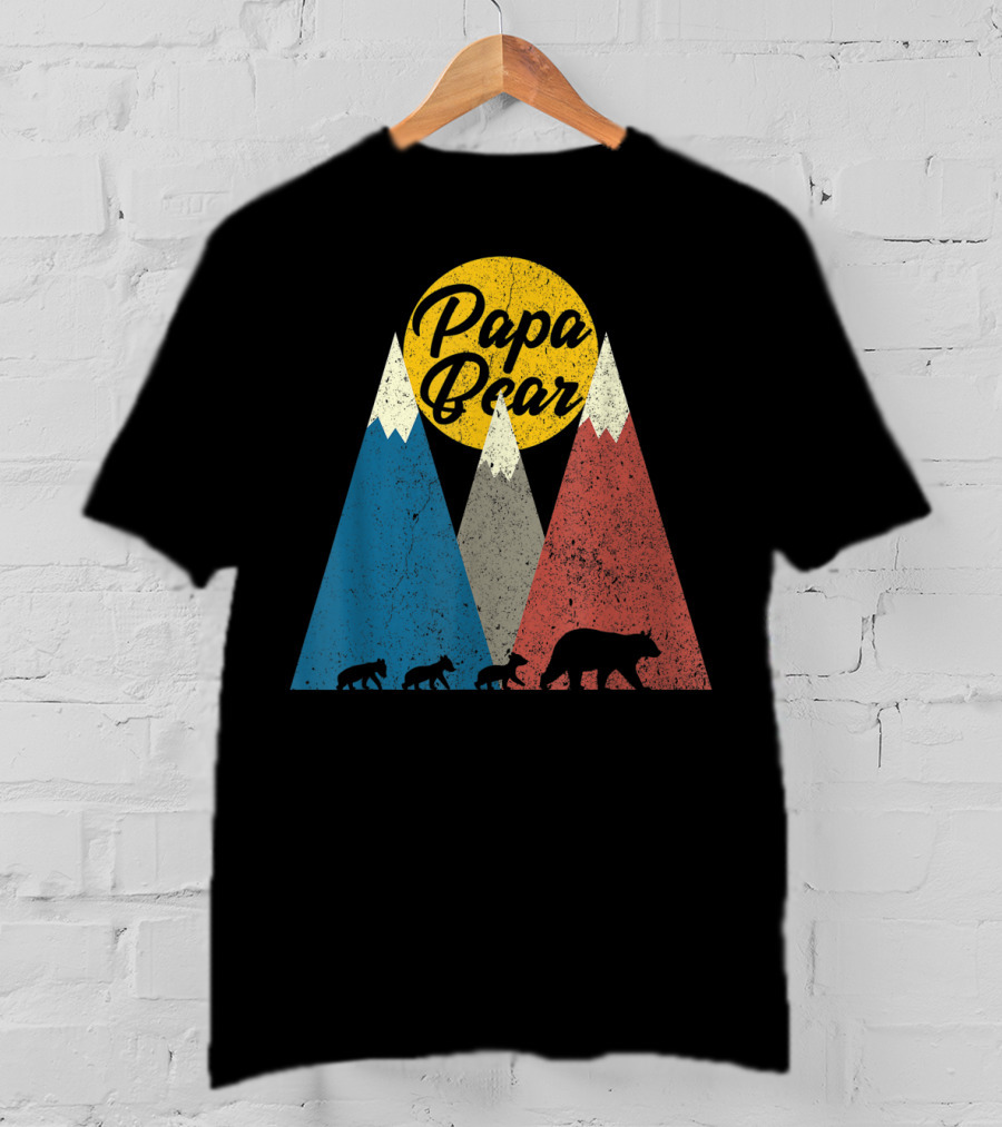 Papa Bear Three Cubs Mountains Retro Triplet Dad T-Shirt