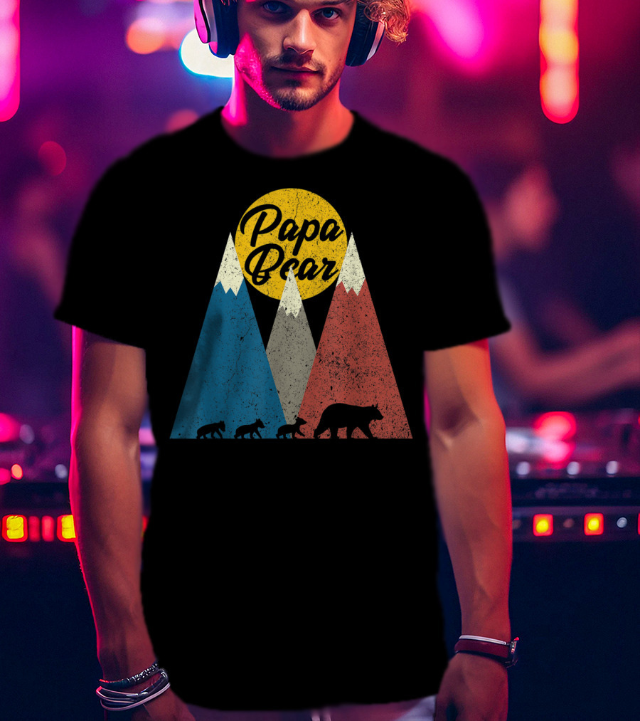 Papa Bear Three Cubs Mountains Retro Triplet Dad T-Shirt