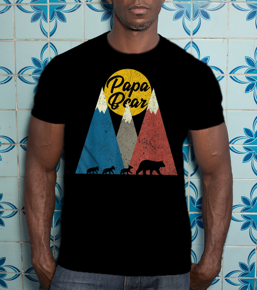 Papa Bear Three Cubs Mountains Retro Triplet Dad T-Shirt