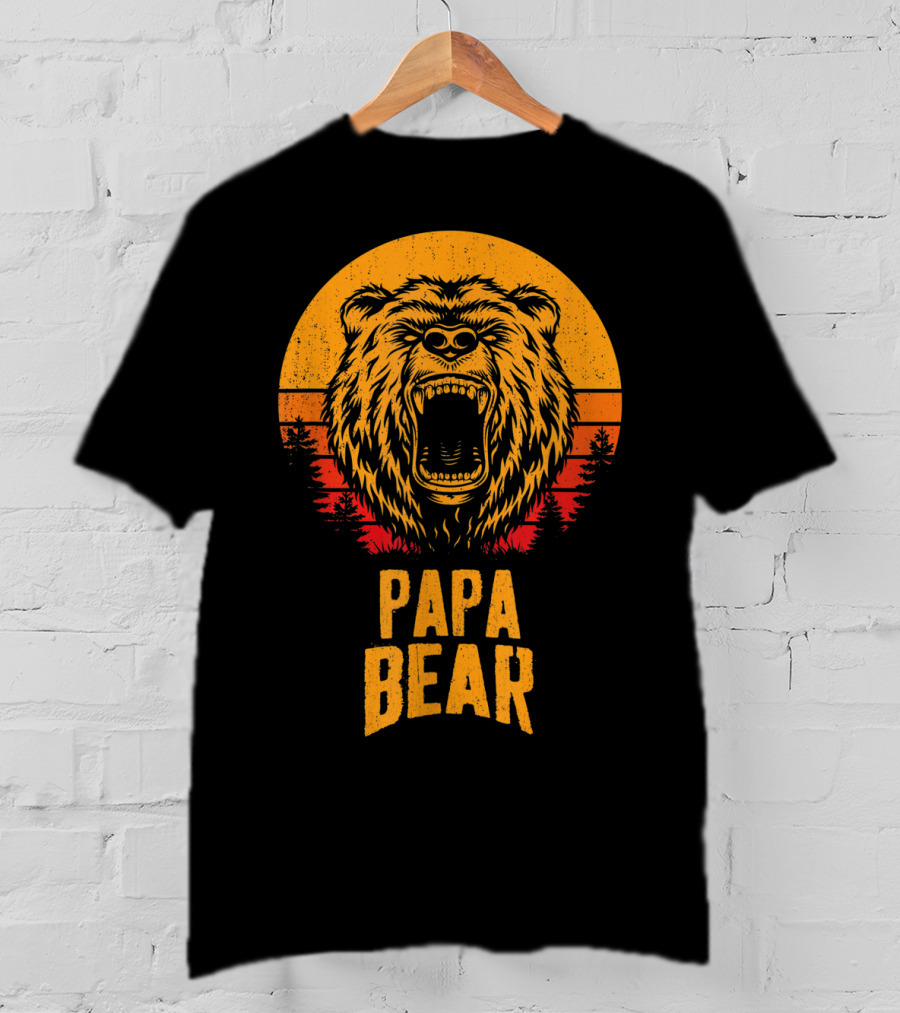 Papa Bear Father's Day Sunset Roaring Bear Forest Scene T-Shirt