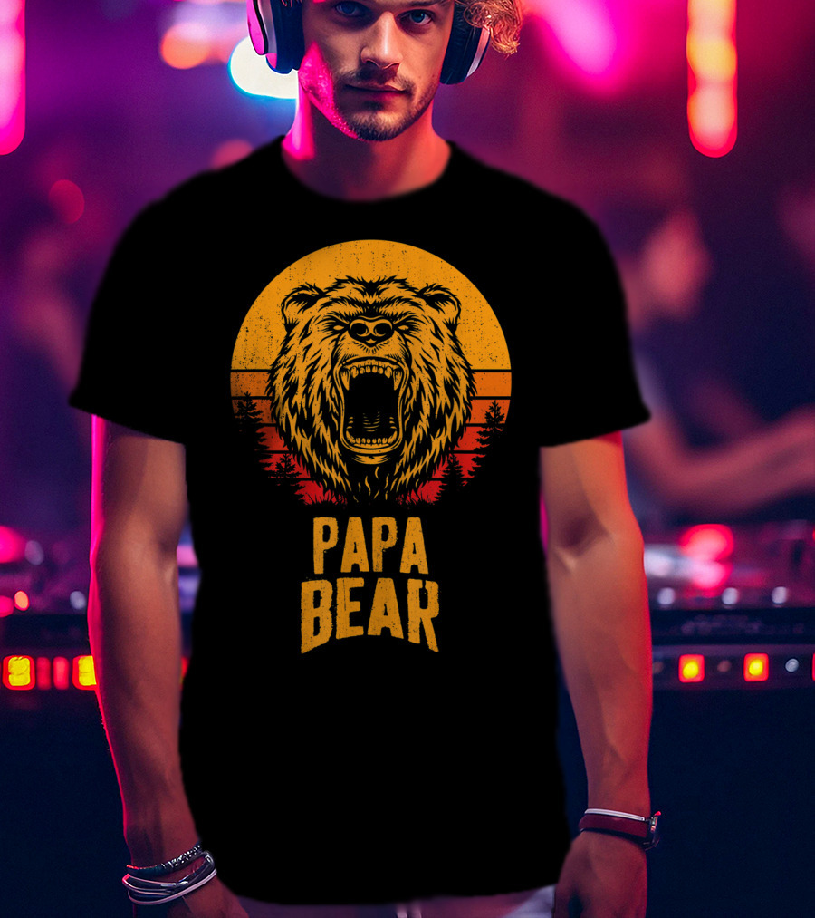 Papa Bear Father's Day Sunset Roaring Bear Forest Scene T-Shirt