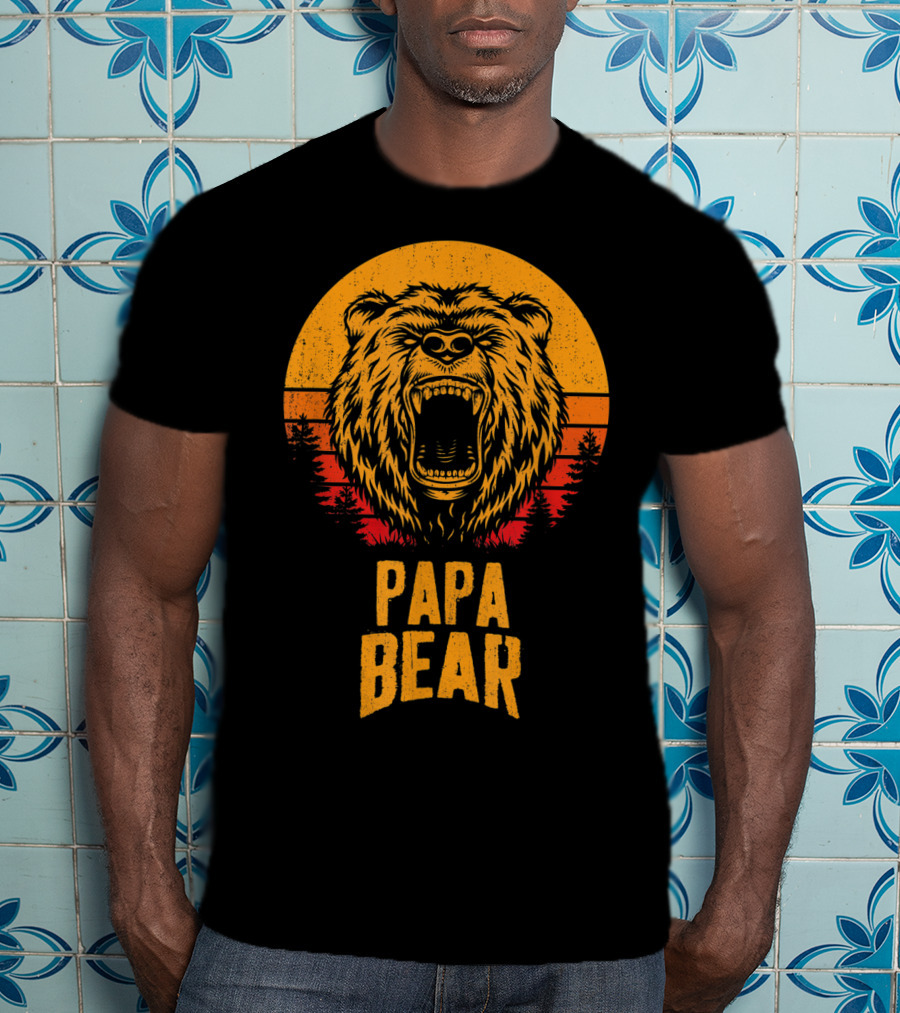 Papa Bear Father's Day Sunset Roaring Bear Forest Scene T-Shirt