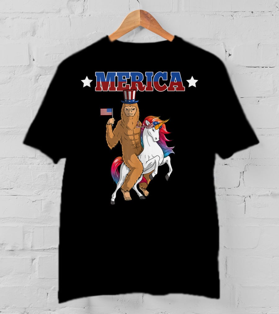 MERICA Bigfoot Riding A Patriotic Unicorn With American Flag T-Shirt