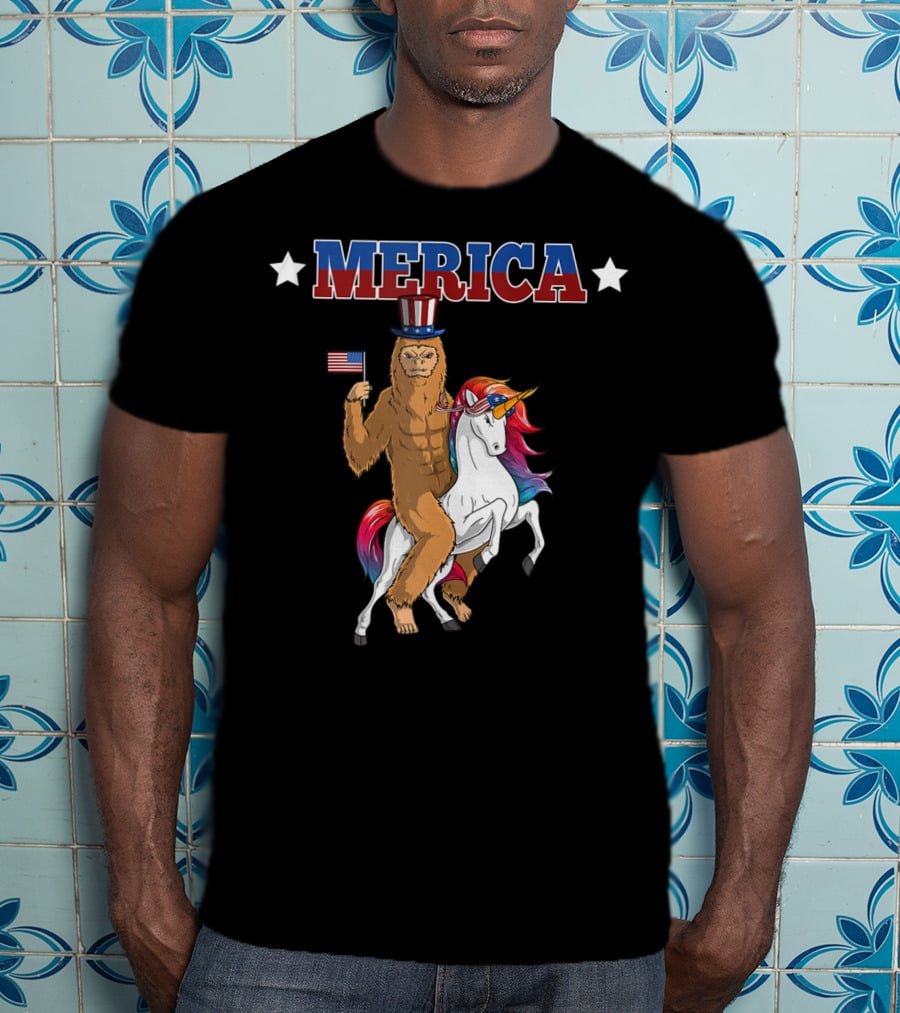 MERICA Bigfoot Riding A Patriotic Unicorn With American Flag T-Shirt
