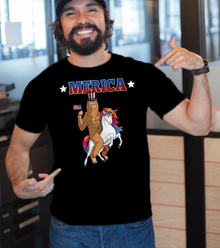 MERICA Bigfoot Riding A Patriotic Unicorn With American Flag T-Shirt