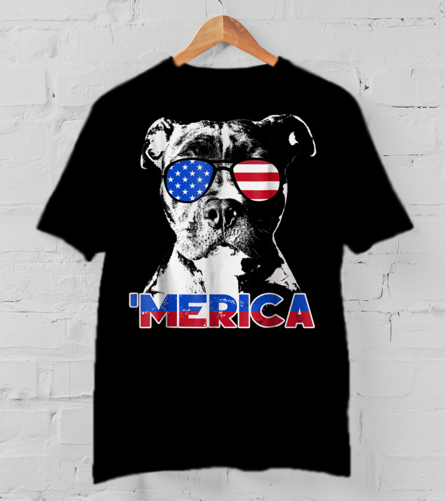 Patriot Pitbull 'Merica With American Flag Sunglasses T-Shirt