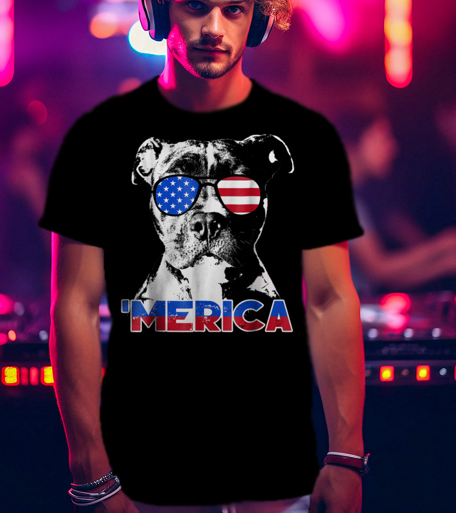 Patriot Pitbull 'Merica With American Flag Sunglasses T-Shirt