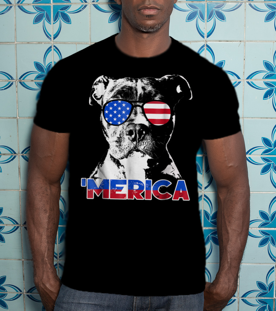Patriot Pitbull 'Merica With American Flag Sunglasses T-Shirt