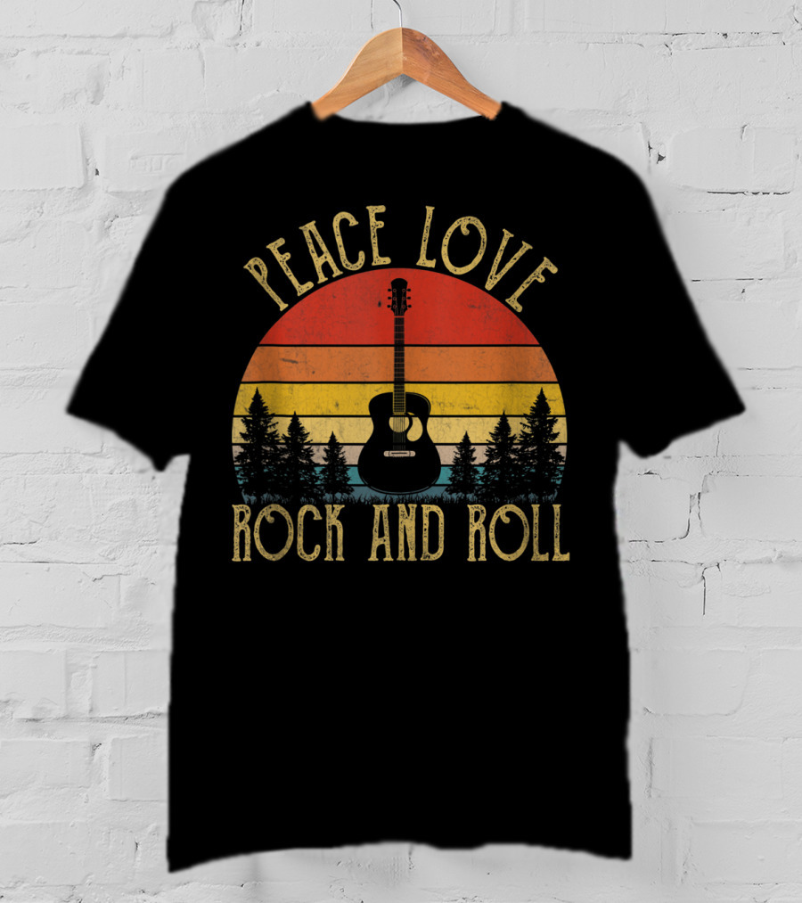 Peace Love Rock And Roll Retro Guitar Sunset Forest Vintage T-Shirt