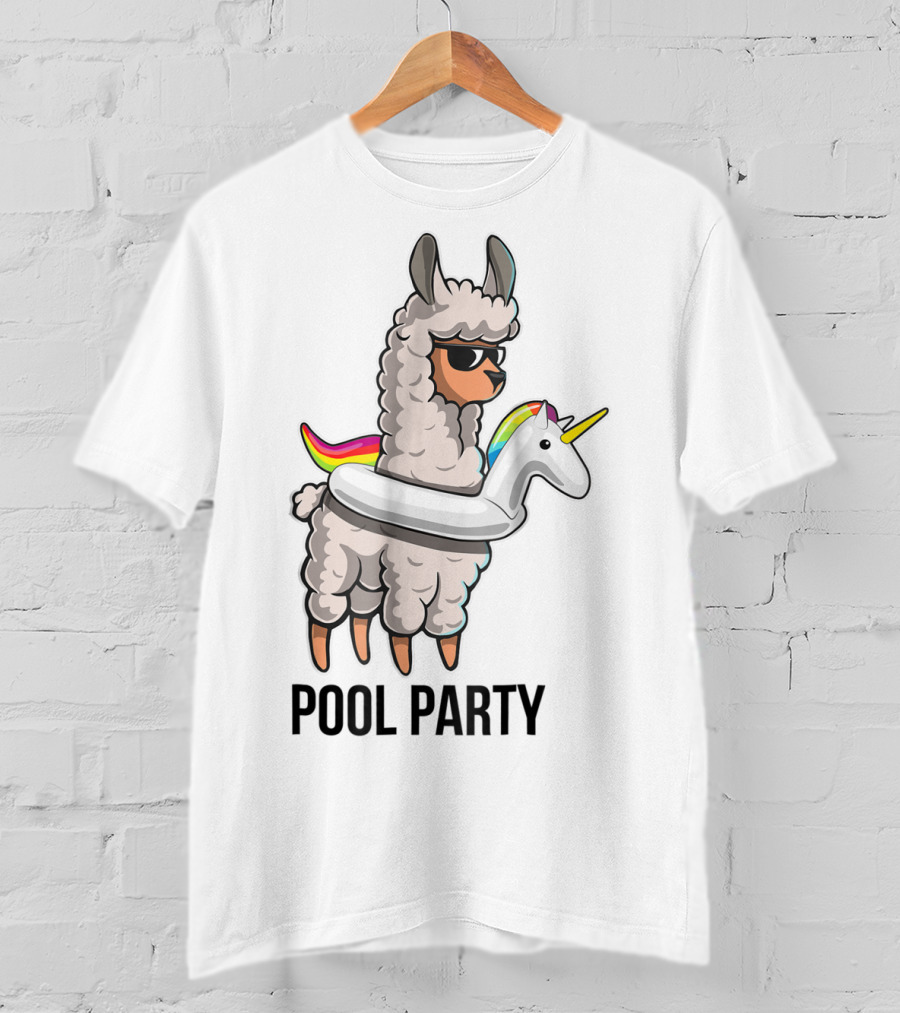Pool Party Llama With Unicorn Float Funny Llama T-Shirt