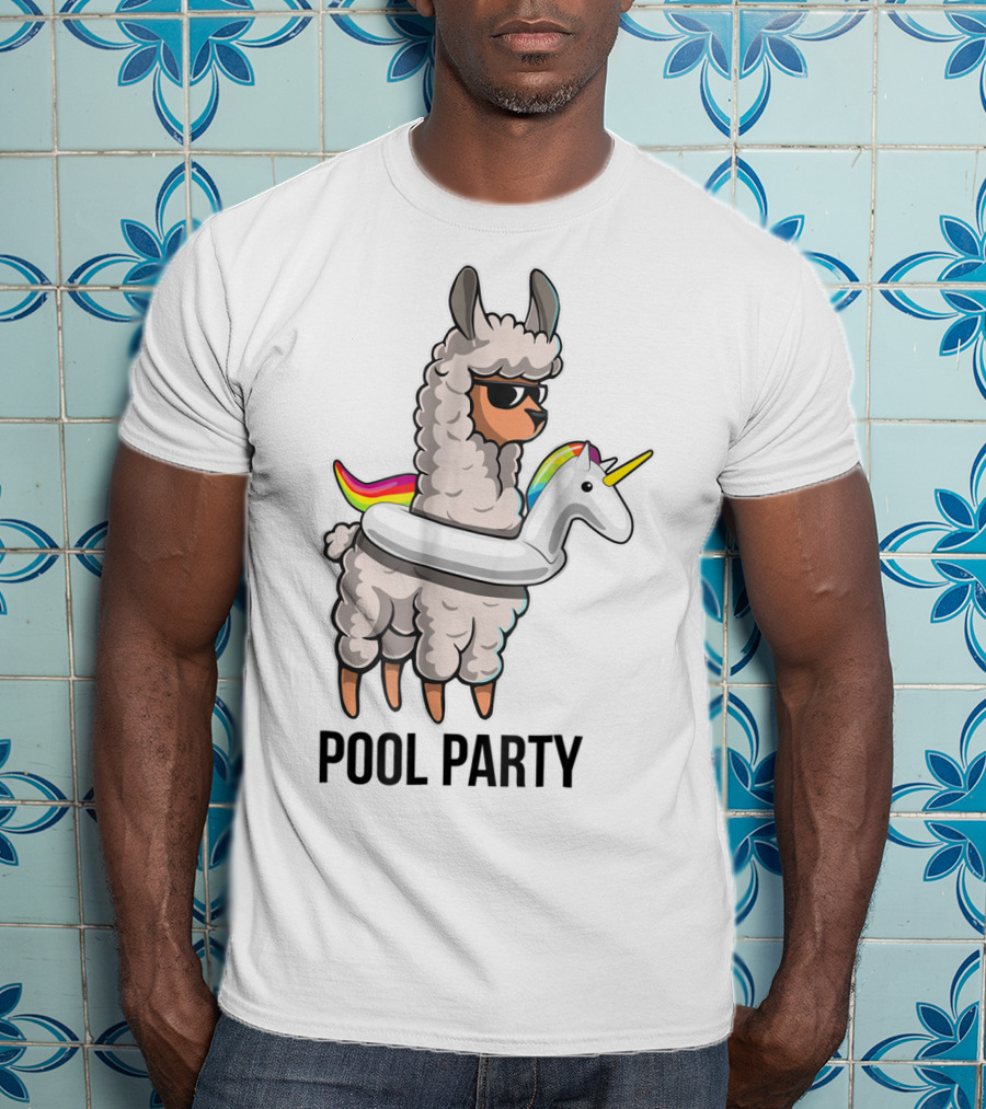 Pool Party Llama With Unicorn Float Funny Llama T-Shirt