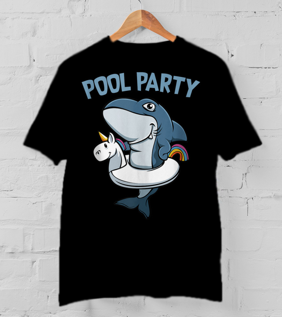 Pool Party Shark With Unicorn Float Rainbow Funny Summer Beach T-Shirt