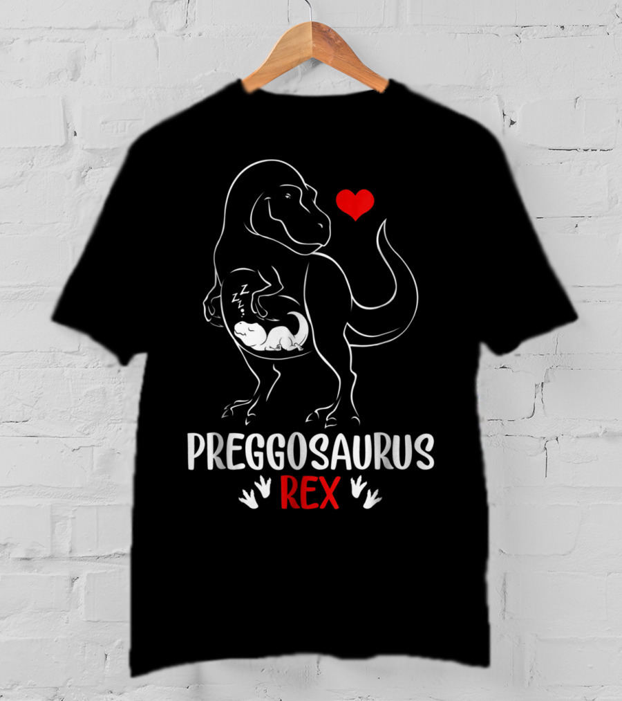 Pregosaurus Rex Heart Pregnant Mom Dinosaur With Baby T-Shirt
