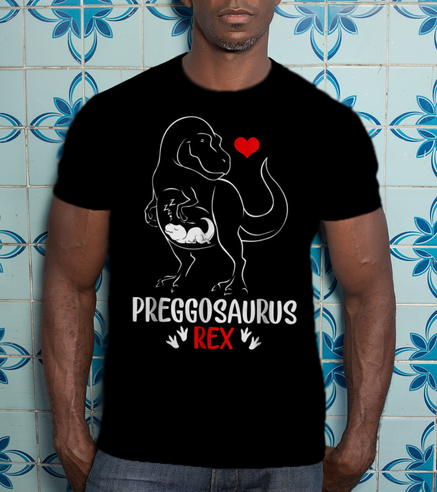 Pregosaurus Rex Heart Pregnant Mom Dinosaur With Baby T-Shirt