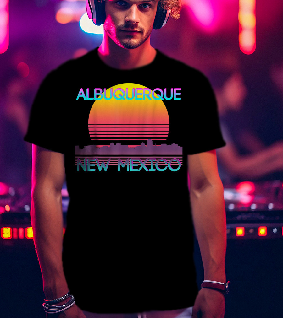 Albuquerque New Mexico Retro Vaporwave Skyline Sunset T-Shirt
