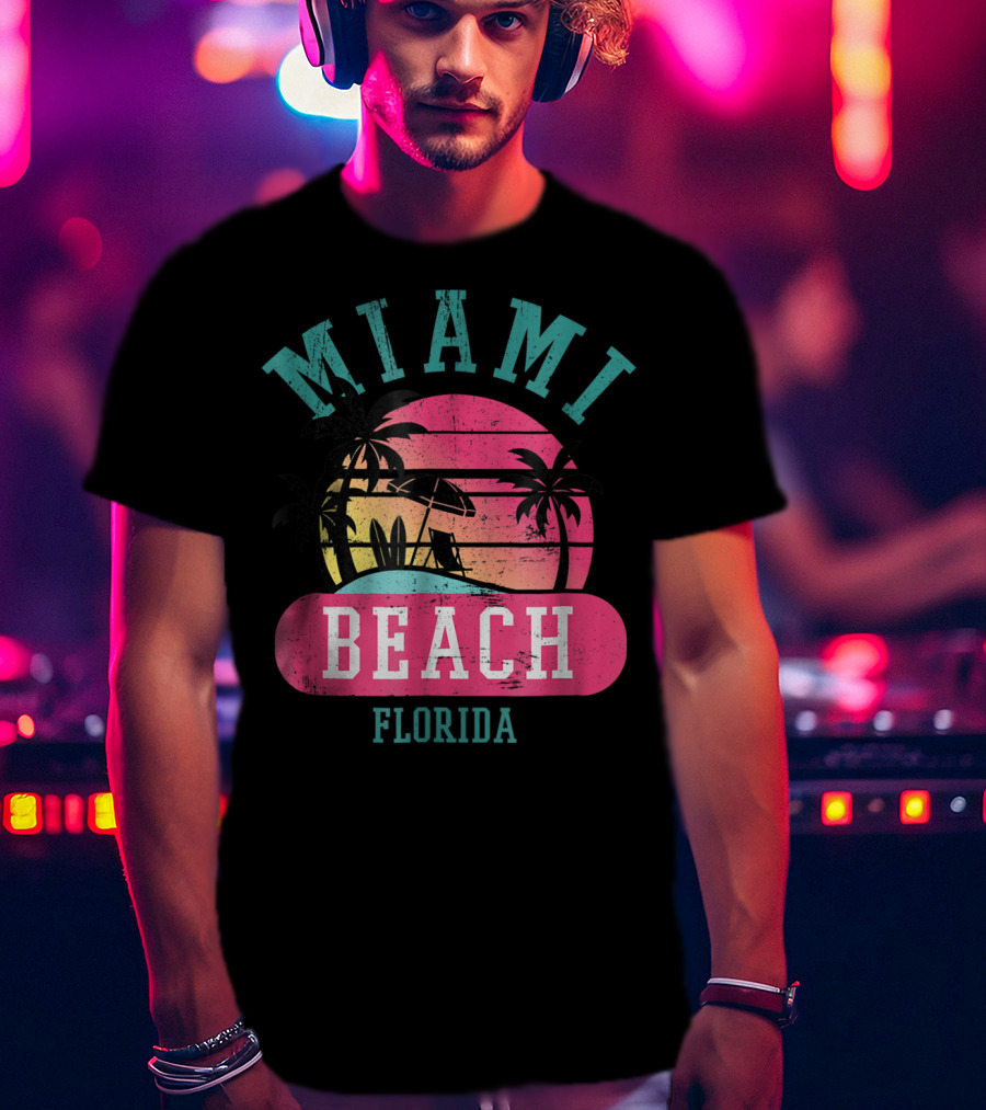 Miami Beach Florida Retro Cool Sun And Palm Trees T-Shirt
