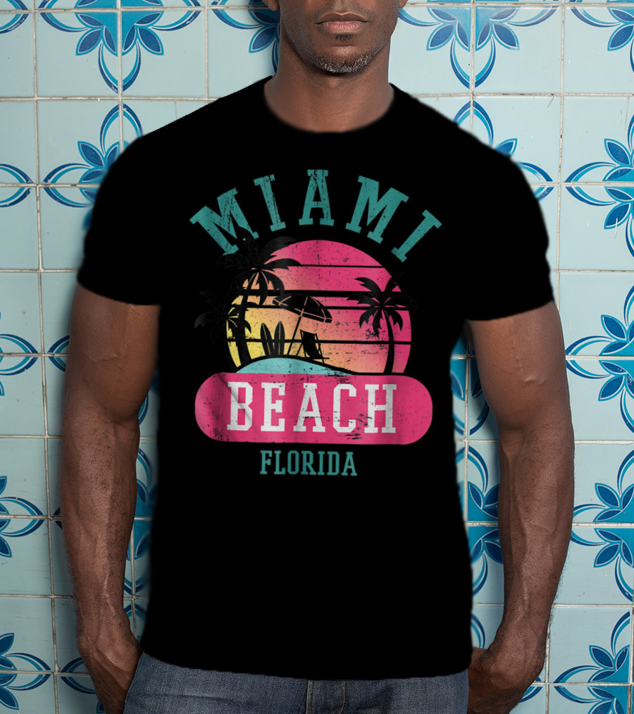 Miami Beach Florida Retro Cool Sun And Palm Trees T-Shirt