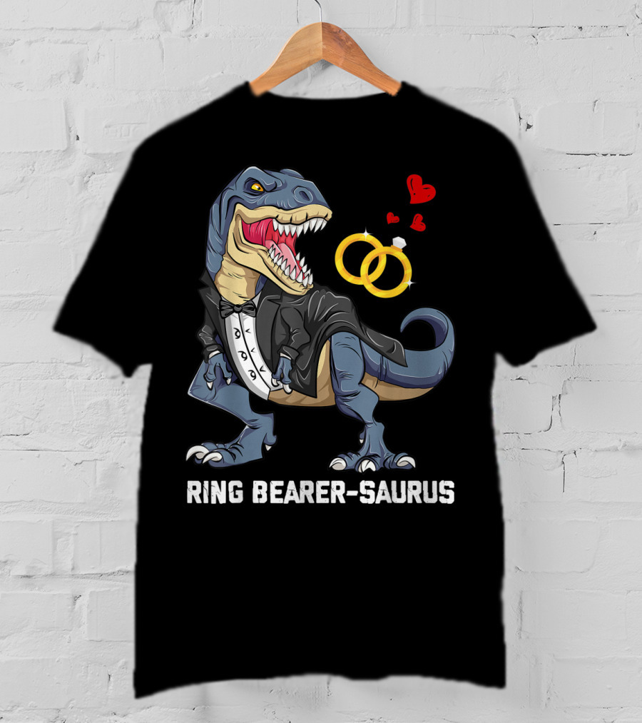 Rex Dinosaur Ring Bearer Saurus In Tuxedo With Wedding Rings And Hearts T-Shirt