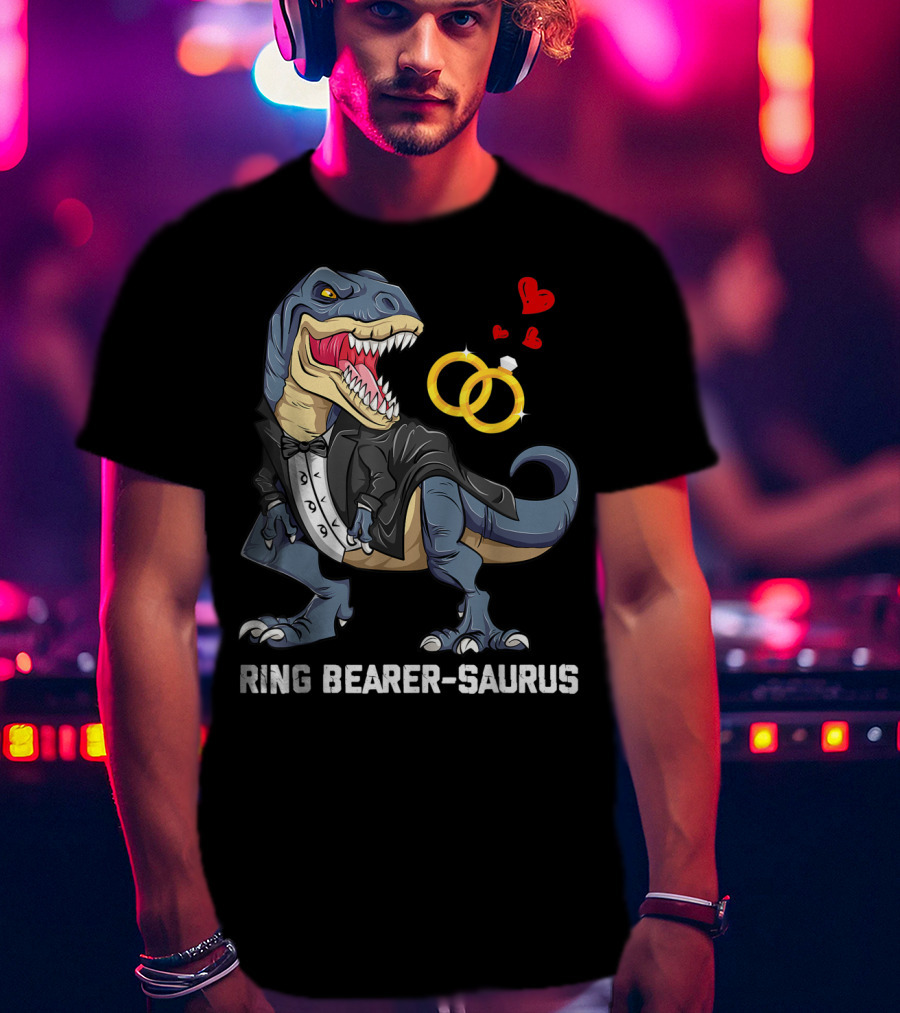 Rex Dinosaur Ring Bearer Saurus In Tuxedo With Wedding Rings And Hearts T-Shirt