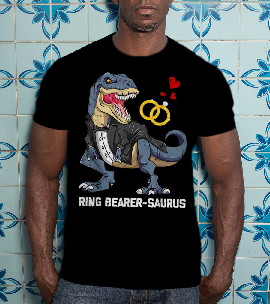 Rex Dinosaur Ring Bearer Saurus In Tuxedo With Wedding Rings And Hearts T-Shirt