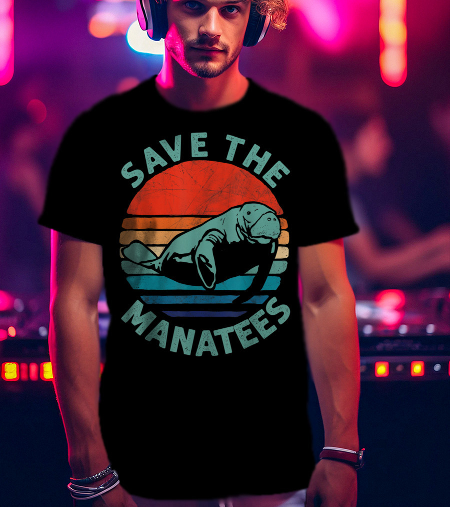 Save The Manatees Retro Stripes Sunset T-Shirt