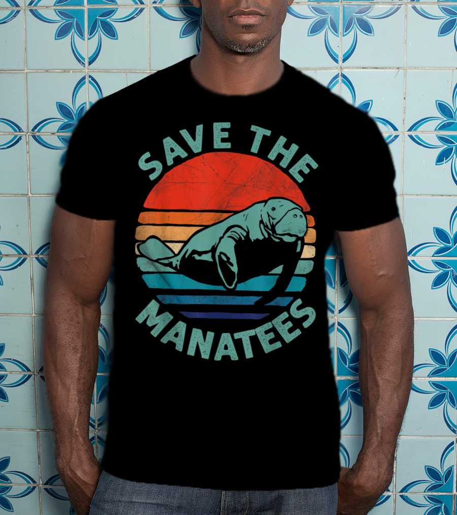 Save The Manatees Retro Stripes Sunset T-Shirt