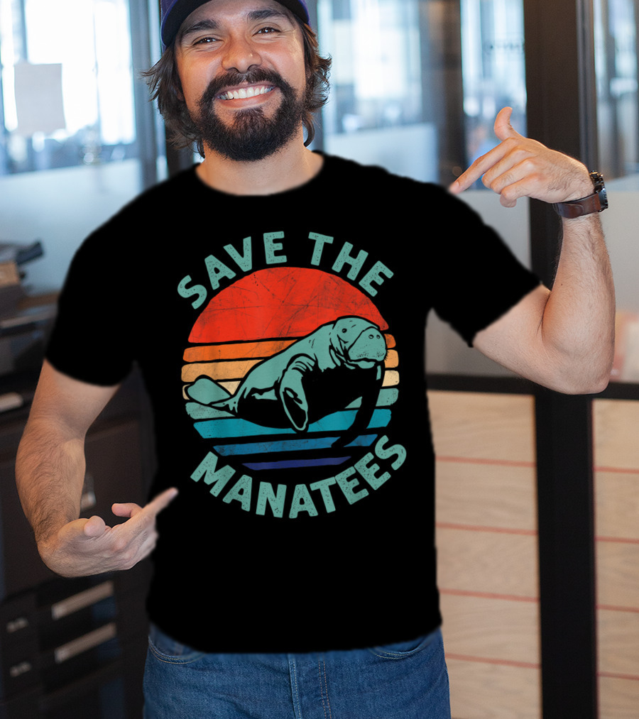 Save The Manatees Retro Stripes Sunset T-Shirt