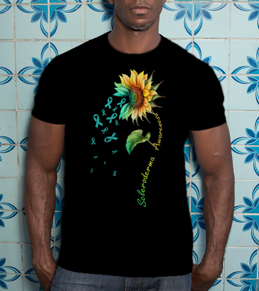 Scleroderma Awareness Sunflower With Teal Ribbons T-Shirt