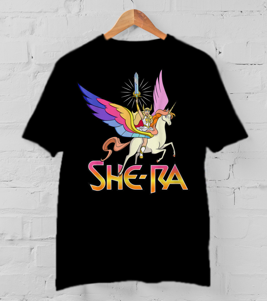 She Ra Riding A Winged Unicorn Holding Sword Of Protection T-Shirt