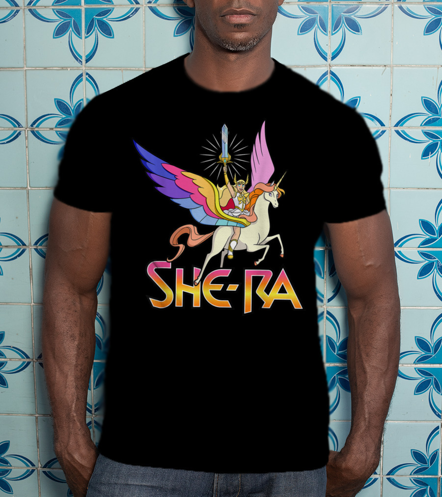She Ra Riding A Winged Unicorn Holding Sword Of Protection T-Shirt