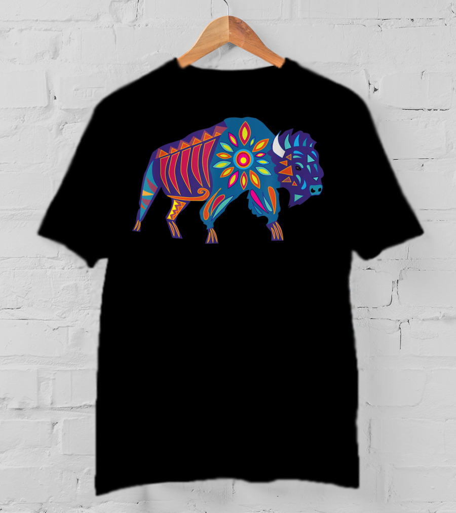 Vibrant Sunflower Buffalo In Colorful Geometric T-Shirt