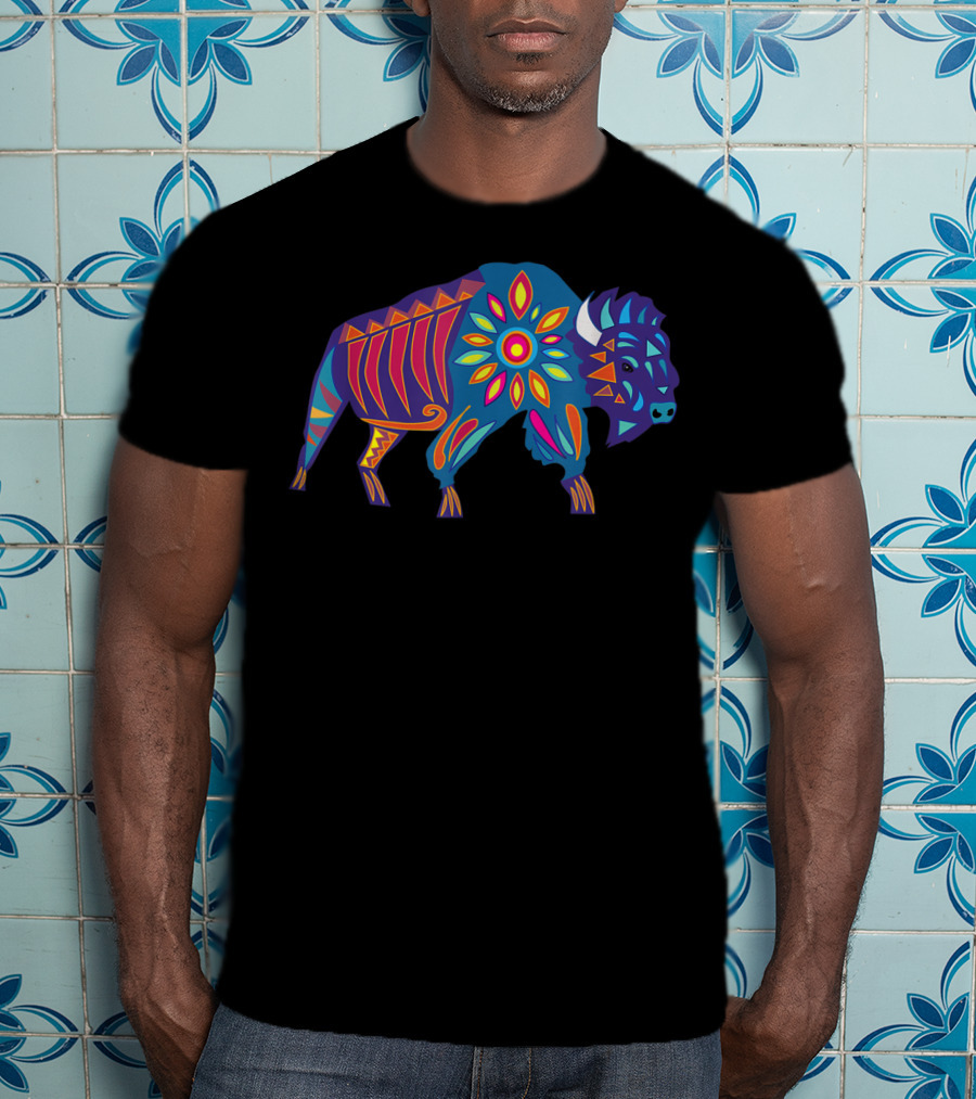 Vibrant Sunflower Buffalo In Colorful Geometric T-Shirt