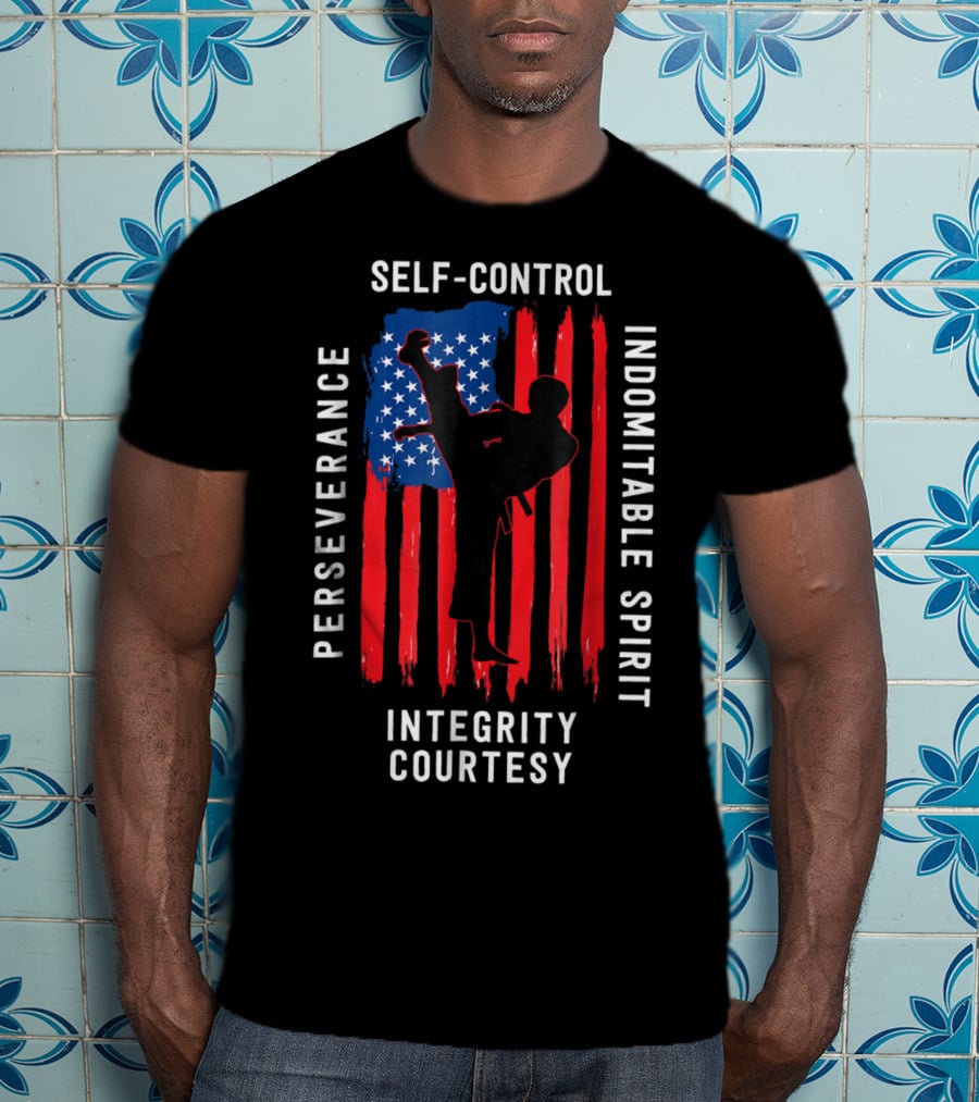 Taekwondo USA Flag Perseverance Courtesy Integrity Self-Control Indomitable Spirit T-Shirt