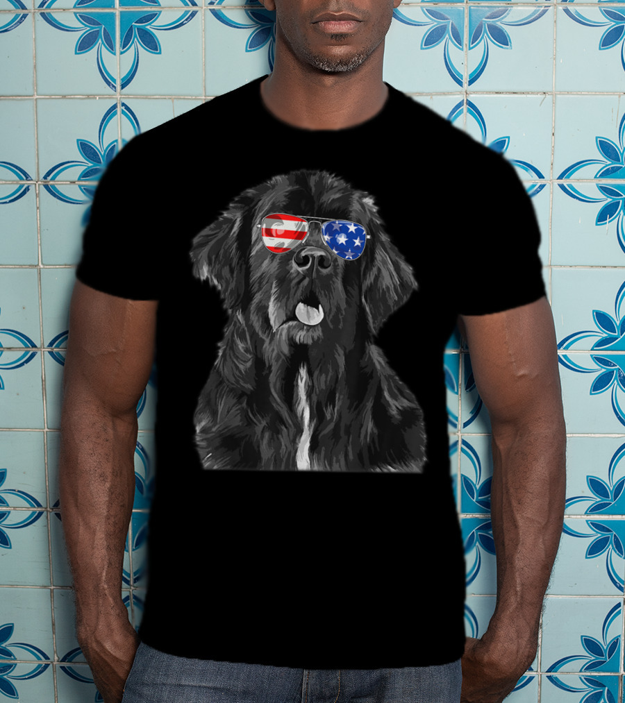 Vintage Newfoundland Dog With American Flag Glasses T-Shirt