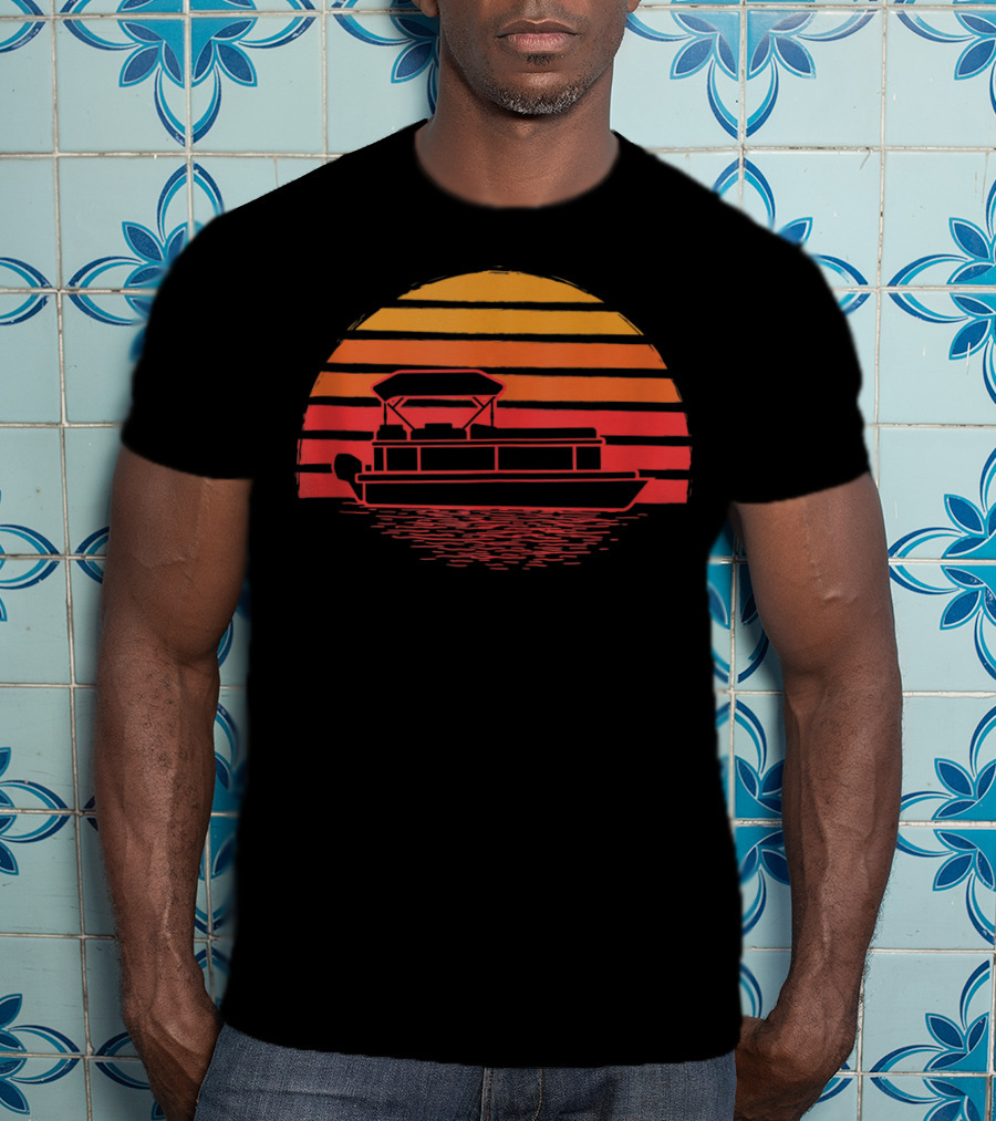Vintage Sunset Pontoon Boat Silhouette Funny Boating T-Shirt