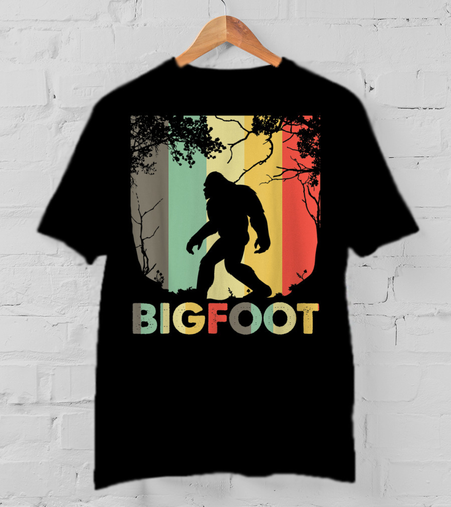 Bigfoot Silhouette Retro Forest Stripes T-Shirt