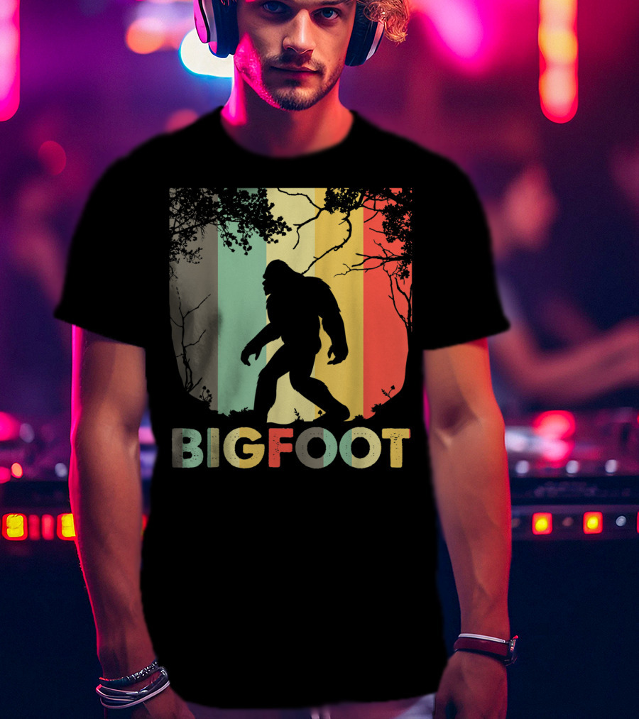Bigfoot Silhouette Retro Forest Stripes T-Shirt