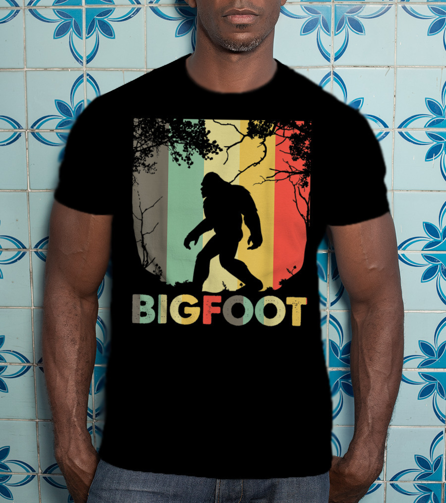 Bigfoot Silhouette Retro Forest Stripes T-Shirt