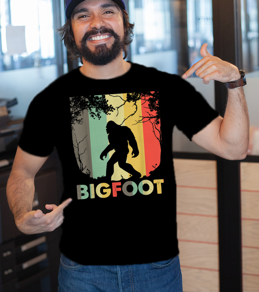 Bigfoot Silhouette Retro Forest Stripes T-Shirt