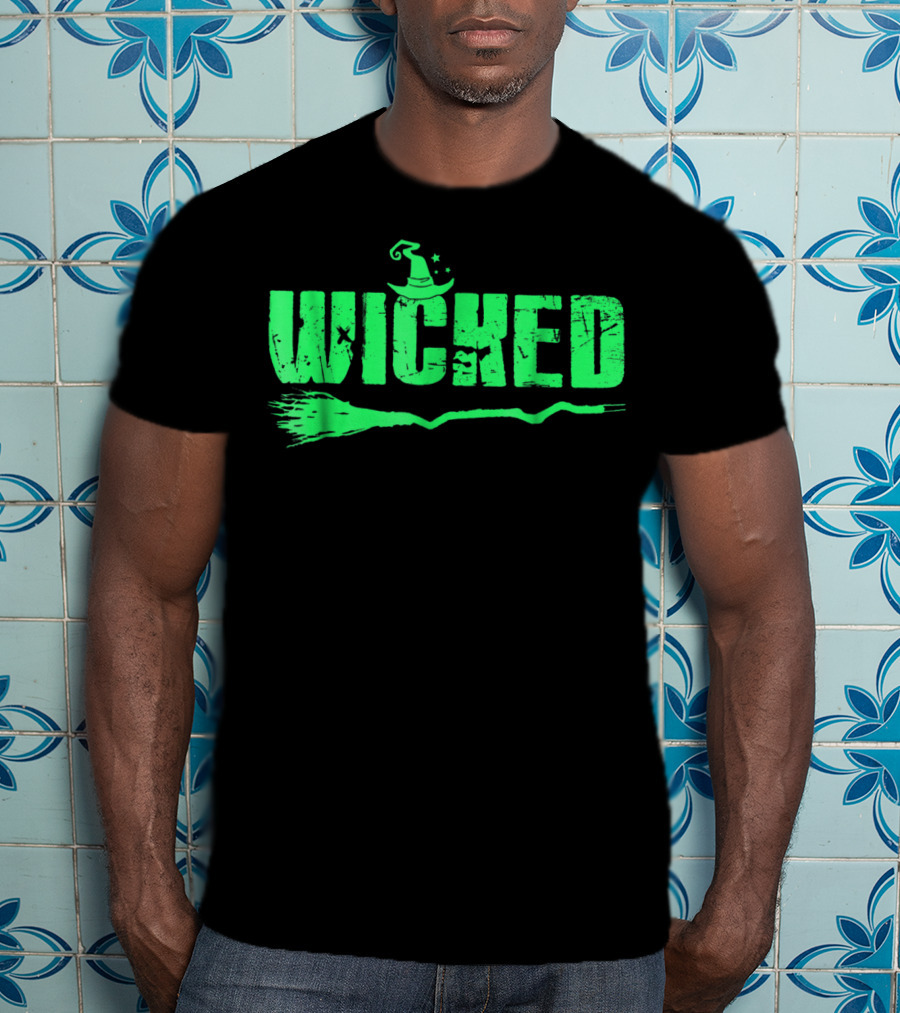 Wicked Green Witch Hat Broomstick Halloween Magic T-Shirt